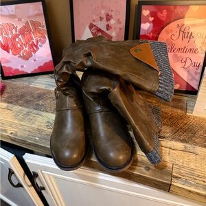 Brown Knee-High Boots with Knit Cuff